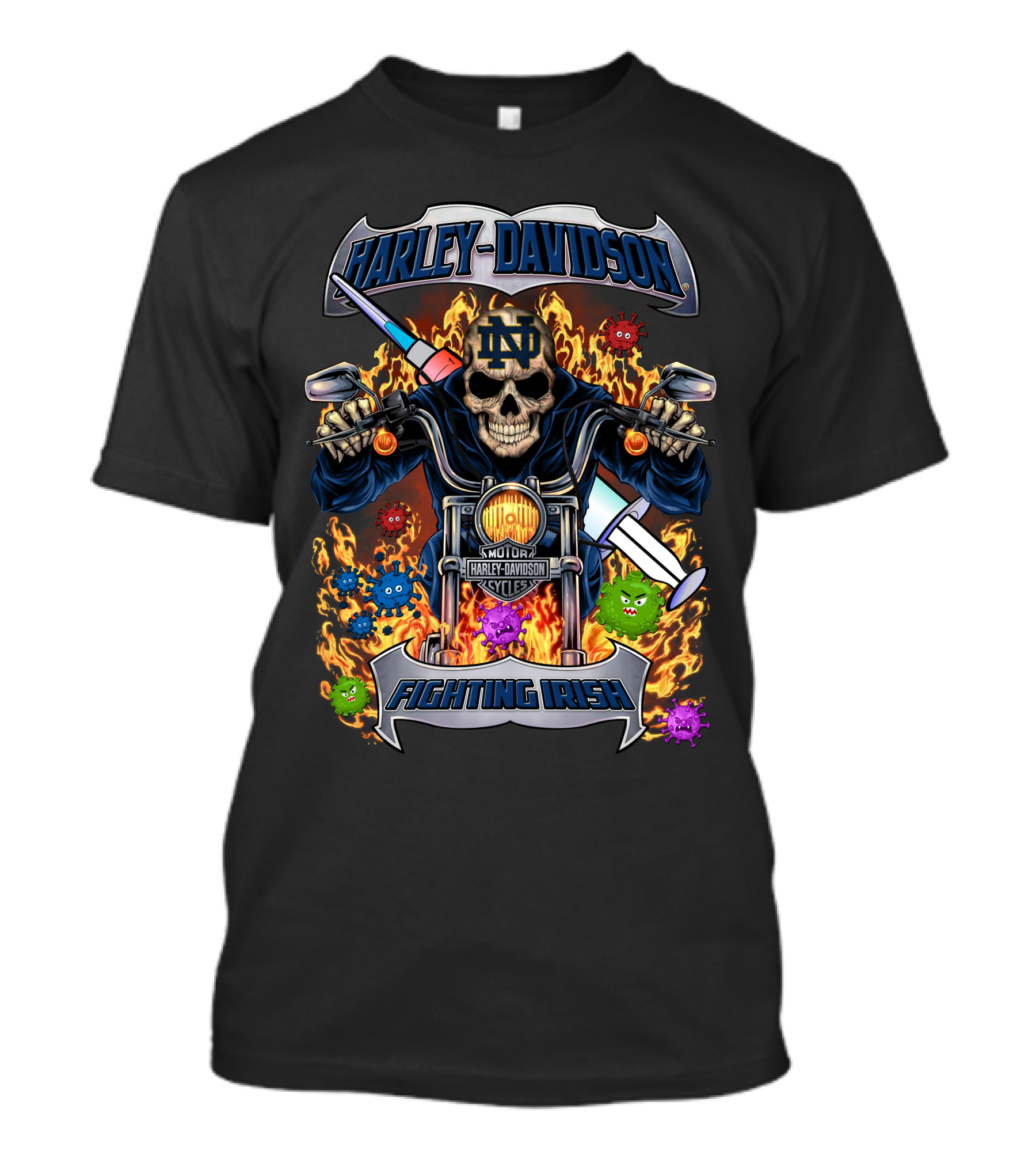 Harley Davidson Notre Dame Fighting Irish Skull Motorcycle Flames Viruses T-Shirt