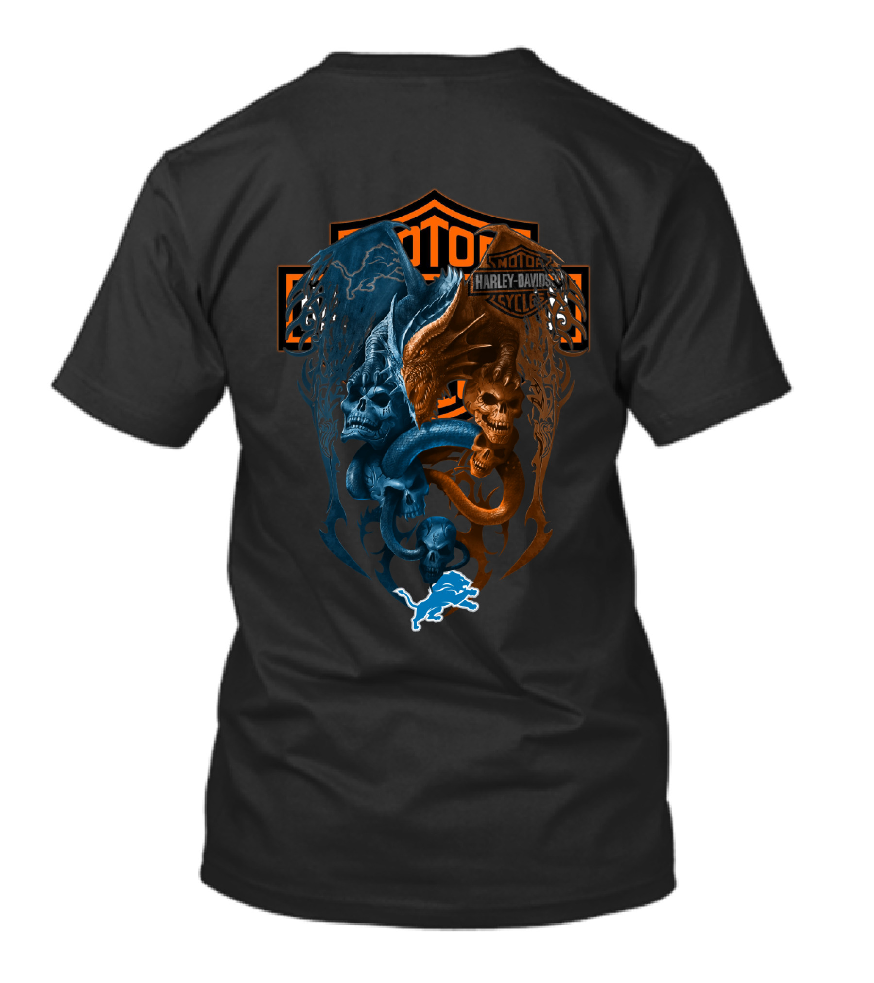 Harley Davidson Motorcycles Detroit Lions Dual Dragon Skulls T-Shirt