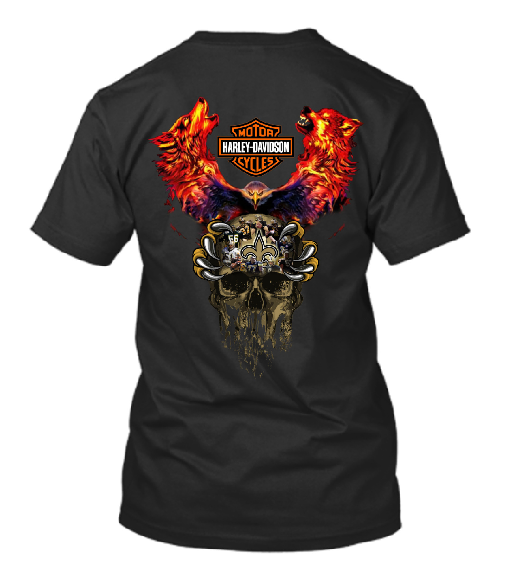 Harley Davidson Cycles With Wolves And New Orleans Saints Skull T-Shirt