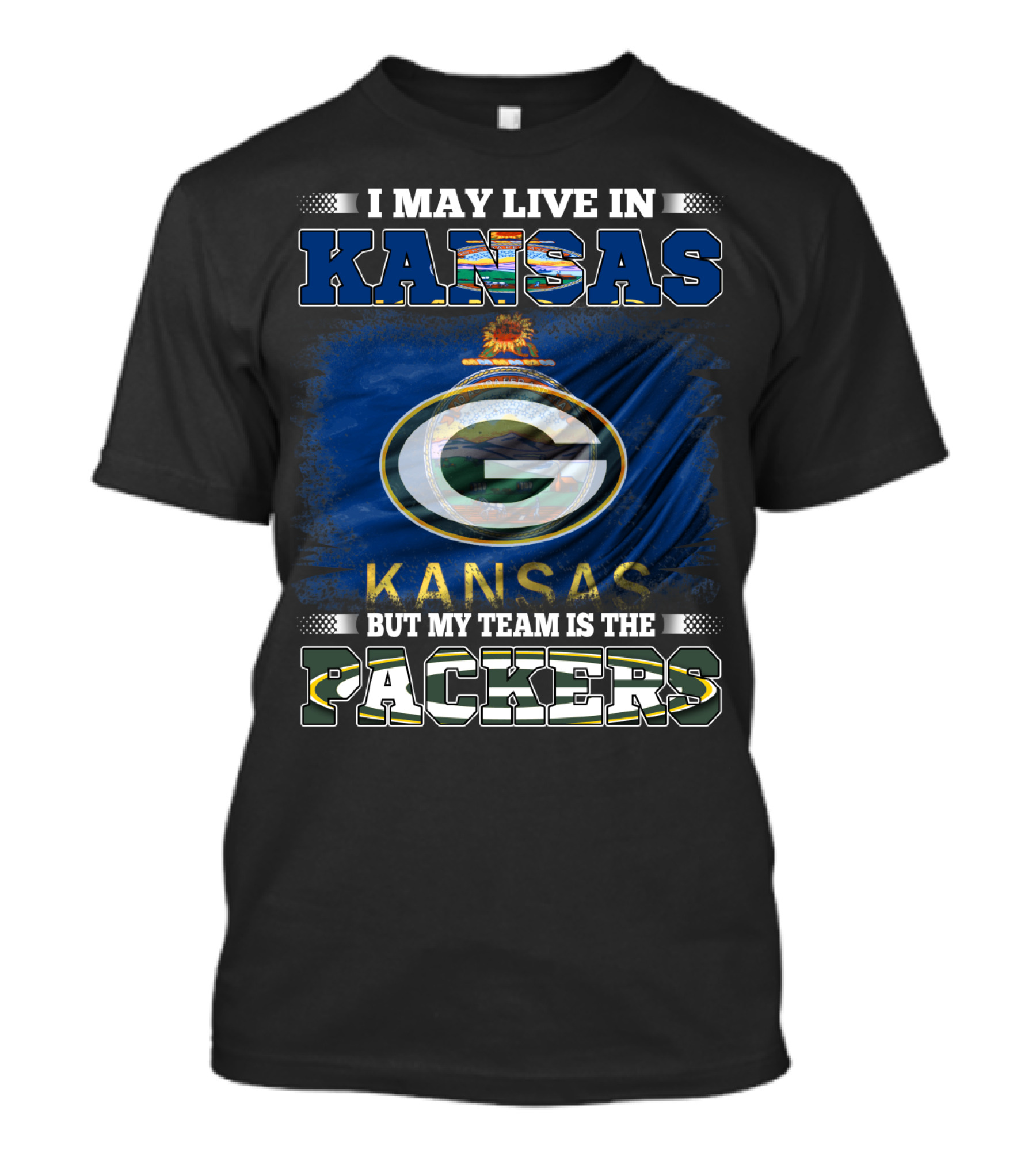 I May Live In Kansas But My Team Is The Packers Featuring Kansas Flag And Green Bay T-Shirt