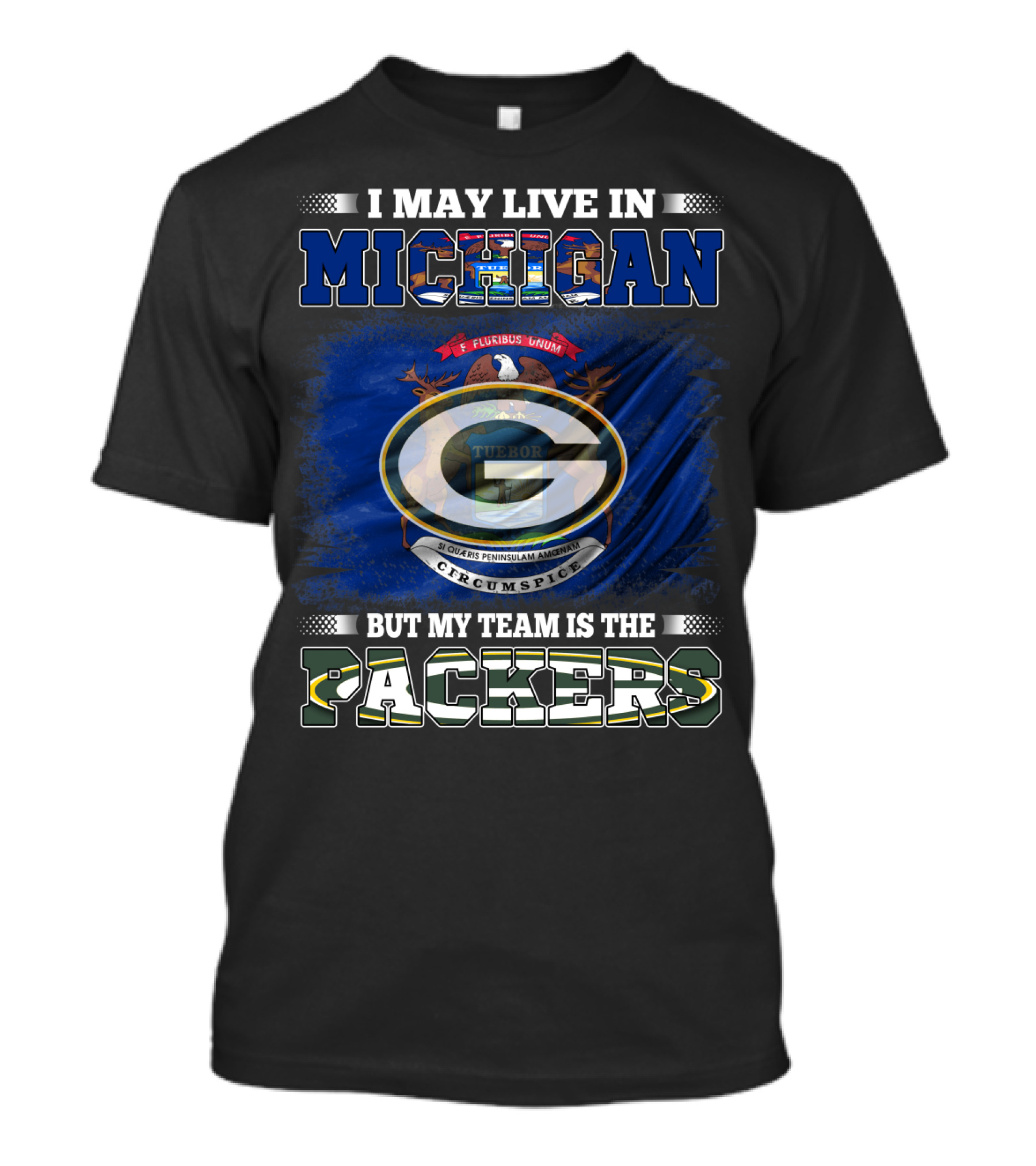 I May Live In Michigan But My Team Is The Packers With Michigan State Seal And Iconic Green G T-Shirt