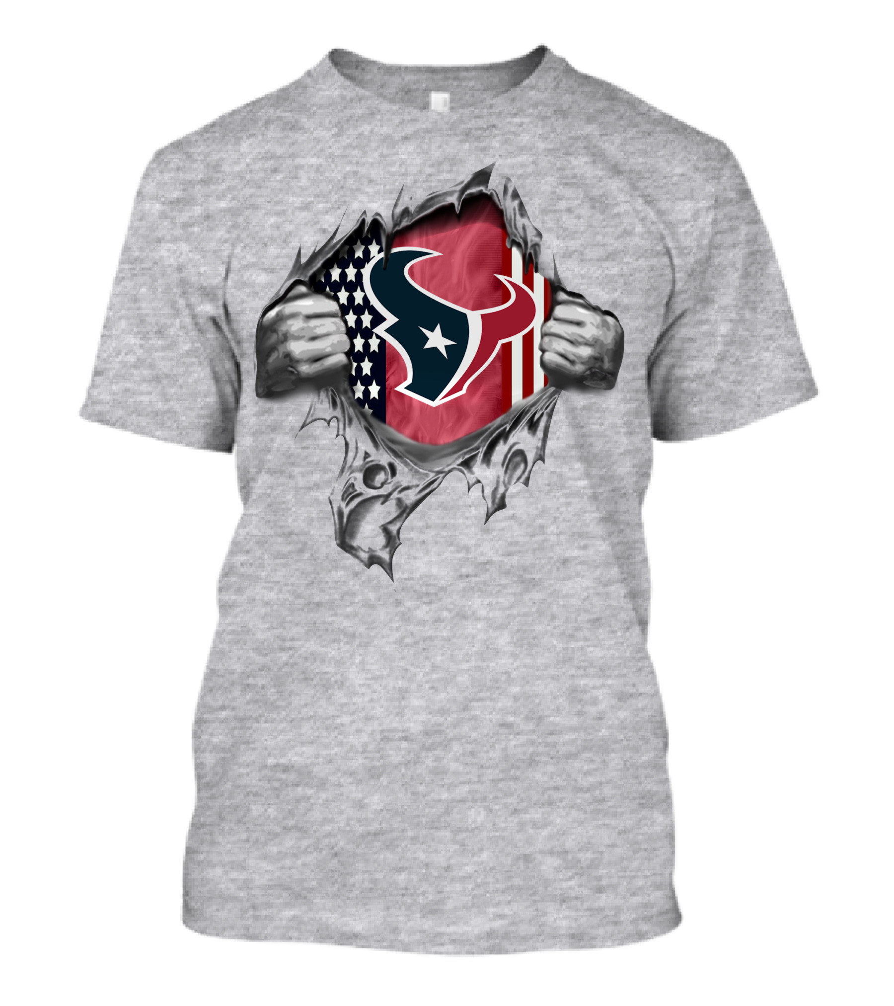 Ripped American Flag With Houston Texans Logo Peeking Through T-Shirt