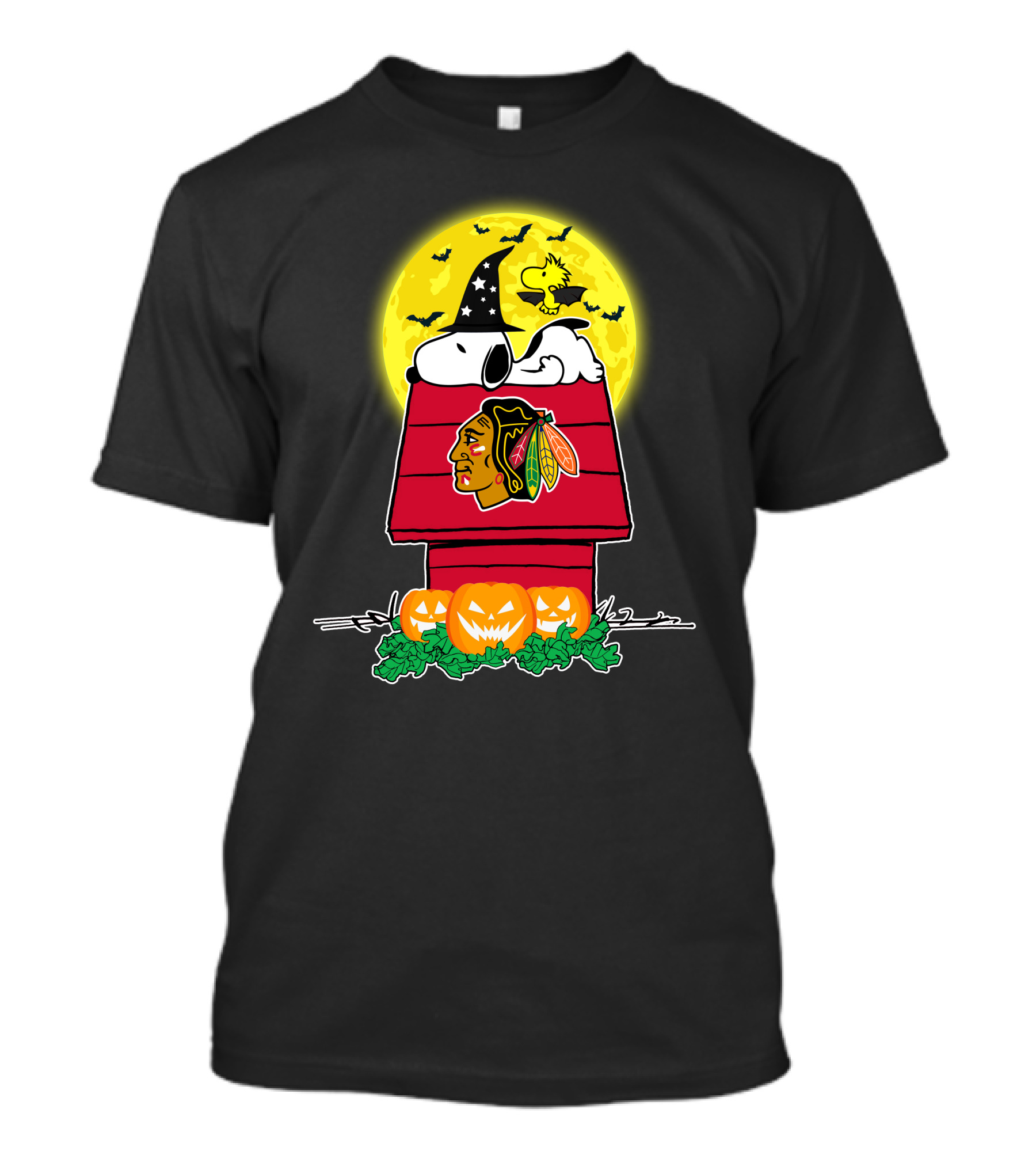 Chicago Blackhawks Snoopy Woodstock Halloween Pumpkins Full Moon T-Shirt