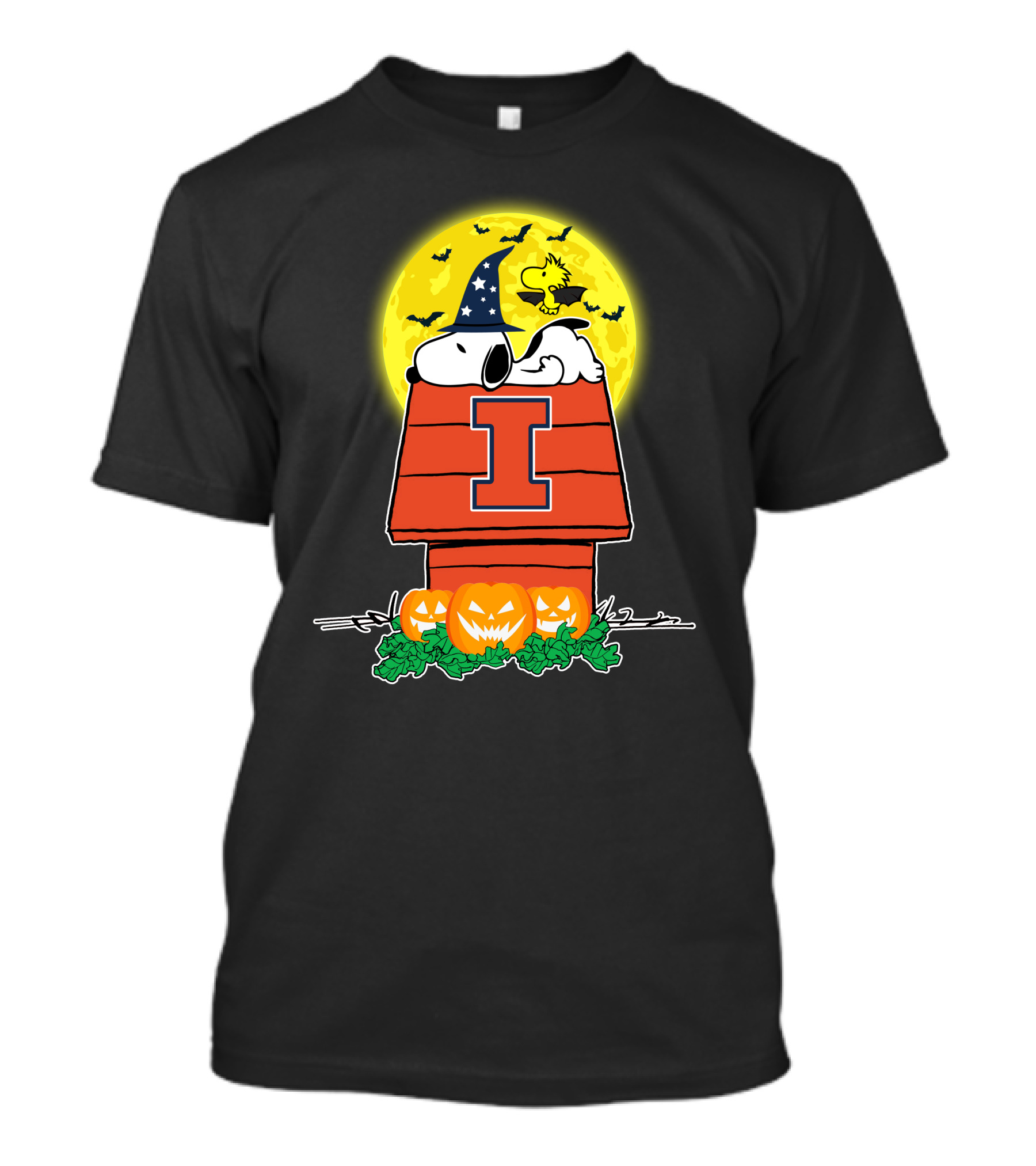 Illinois Fighting Illini Snoopy Woodstock Halloween Pumpkins Moon T-Shirt