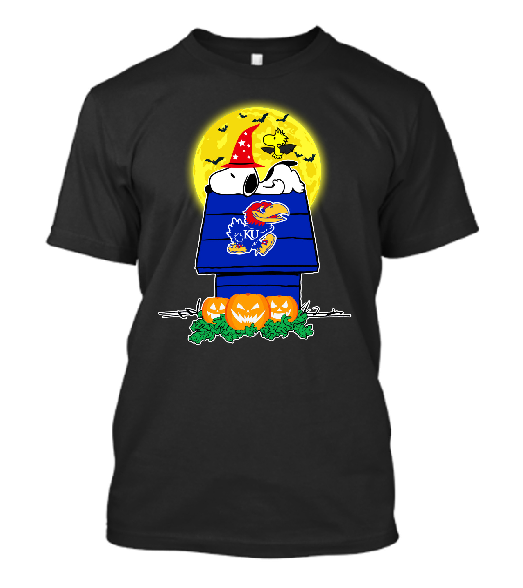 Kansas Jayhawks Snoopy Woodstock Halloween Full Moon Pumpkin House T-Shirt
