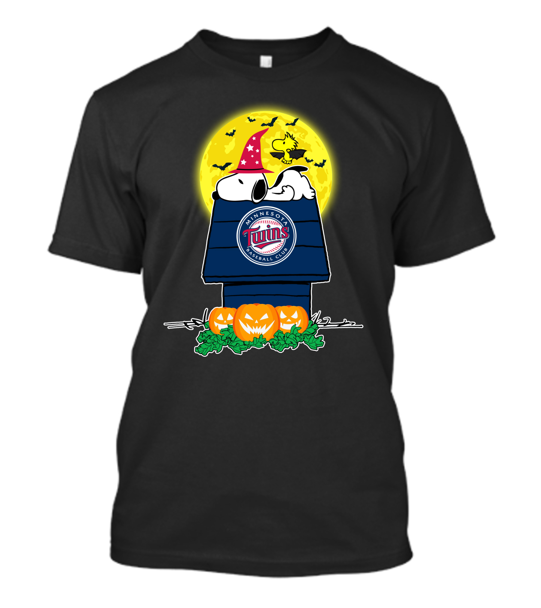 Minnesota Twins Snoopy Halloween Peanuts Jack-O'-Lanterns Woodstock Moon T-Shirt