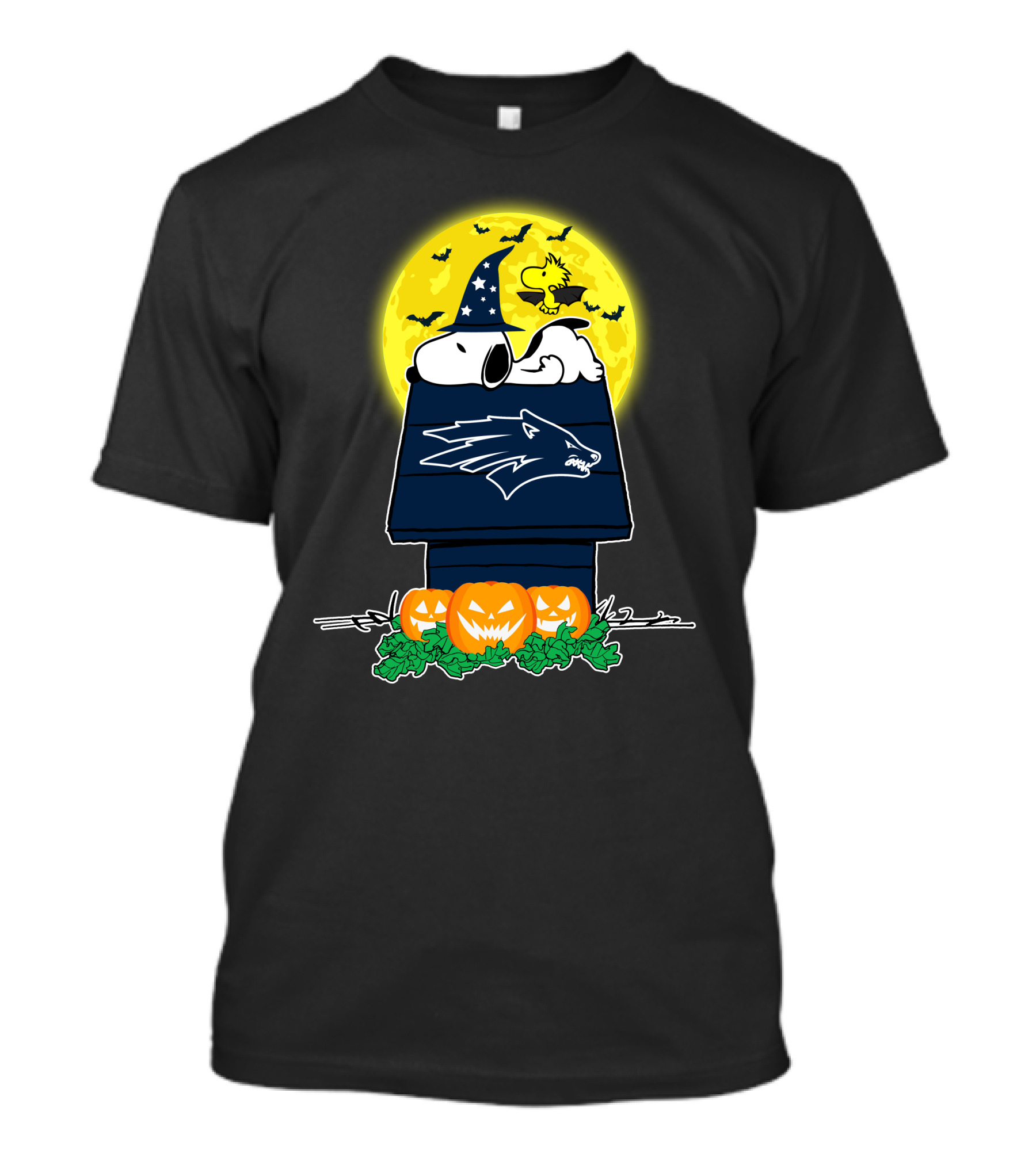 Nevada Wolf Pack Snoopy Woodstock Halloween Pumpkins Moon Bats T-Shirt