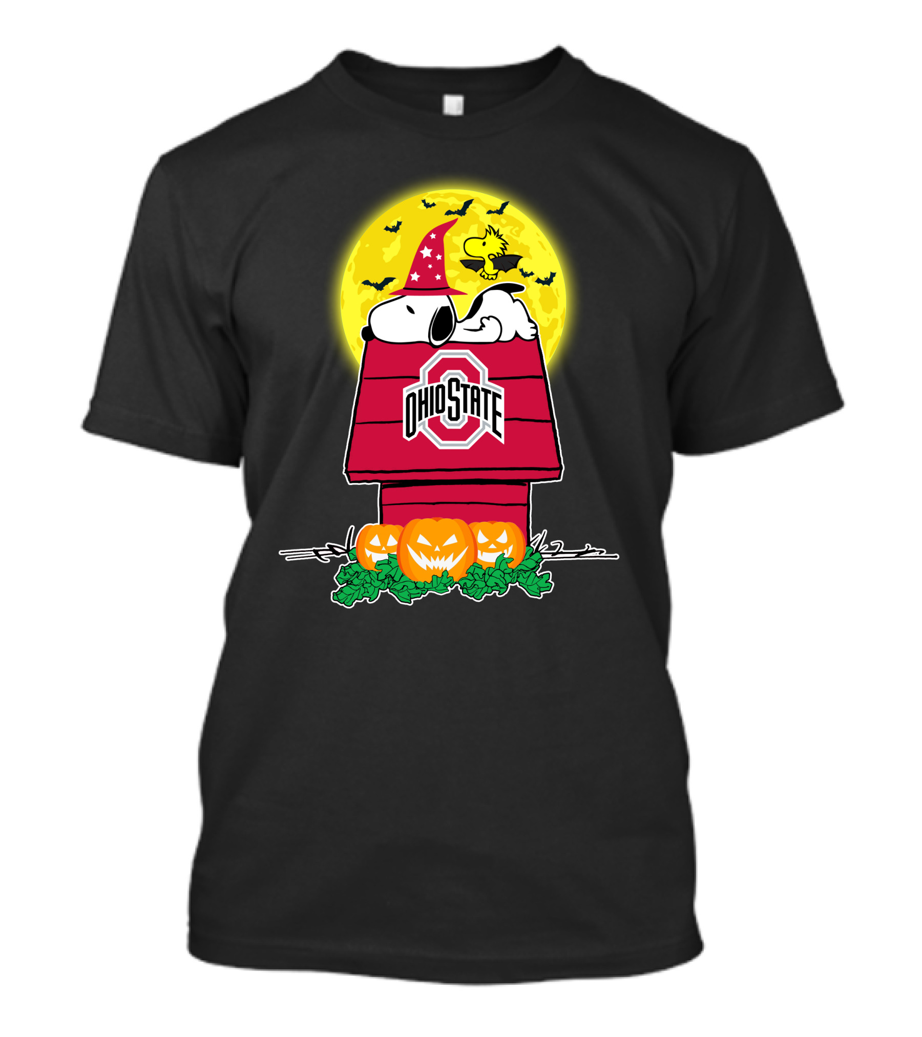 Snoopy And Woodstock On Ohio State Doghouse With Pumpkins And Full Moon Halloween T-Shirt