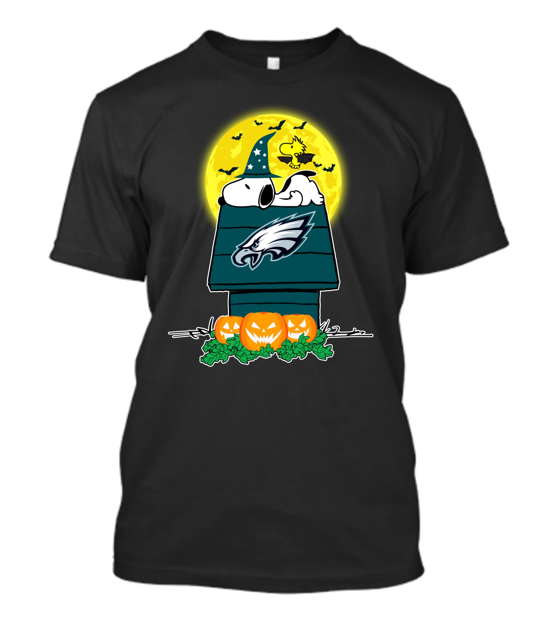 Philadelphia Eagles Halloween Snoopy And Woodstock With Pumpkins And Full Moon T-Shirt