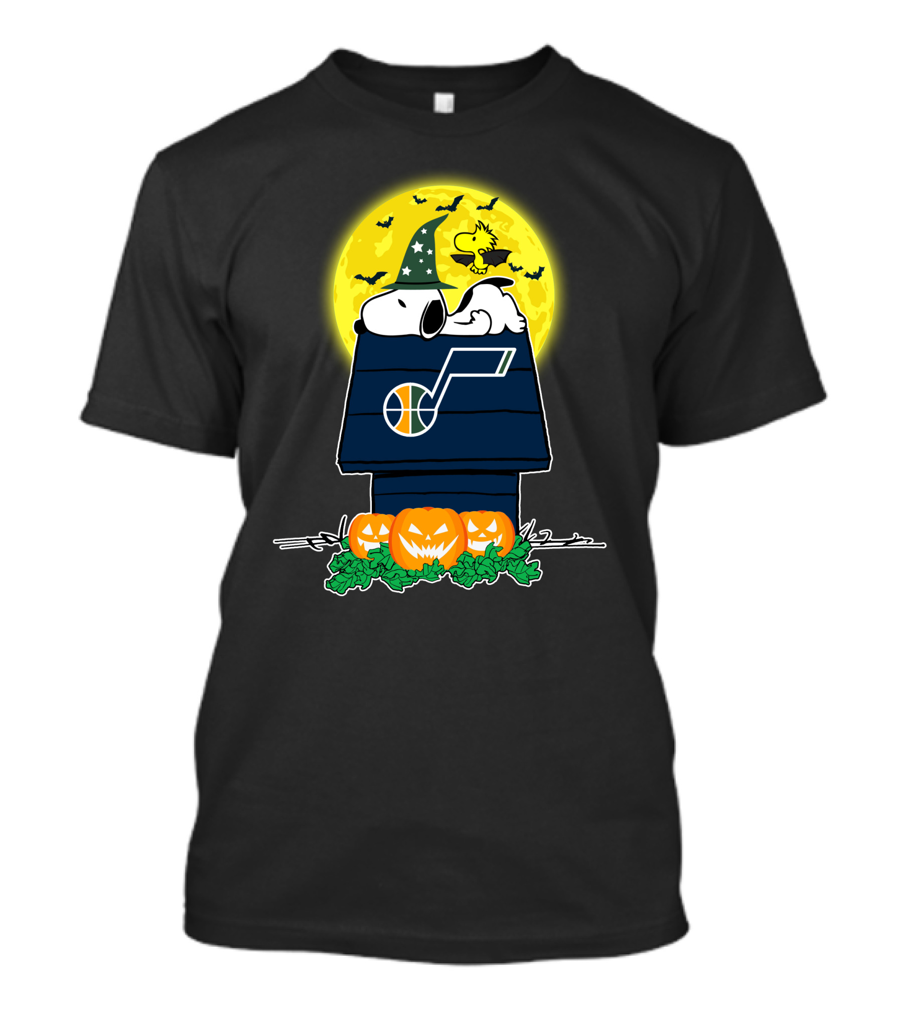 Utah Jazz Halloween Snoopy With Pumpkins And Woodstock Under Full Moon T-Shirt