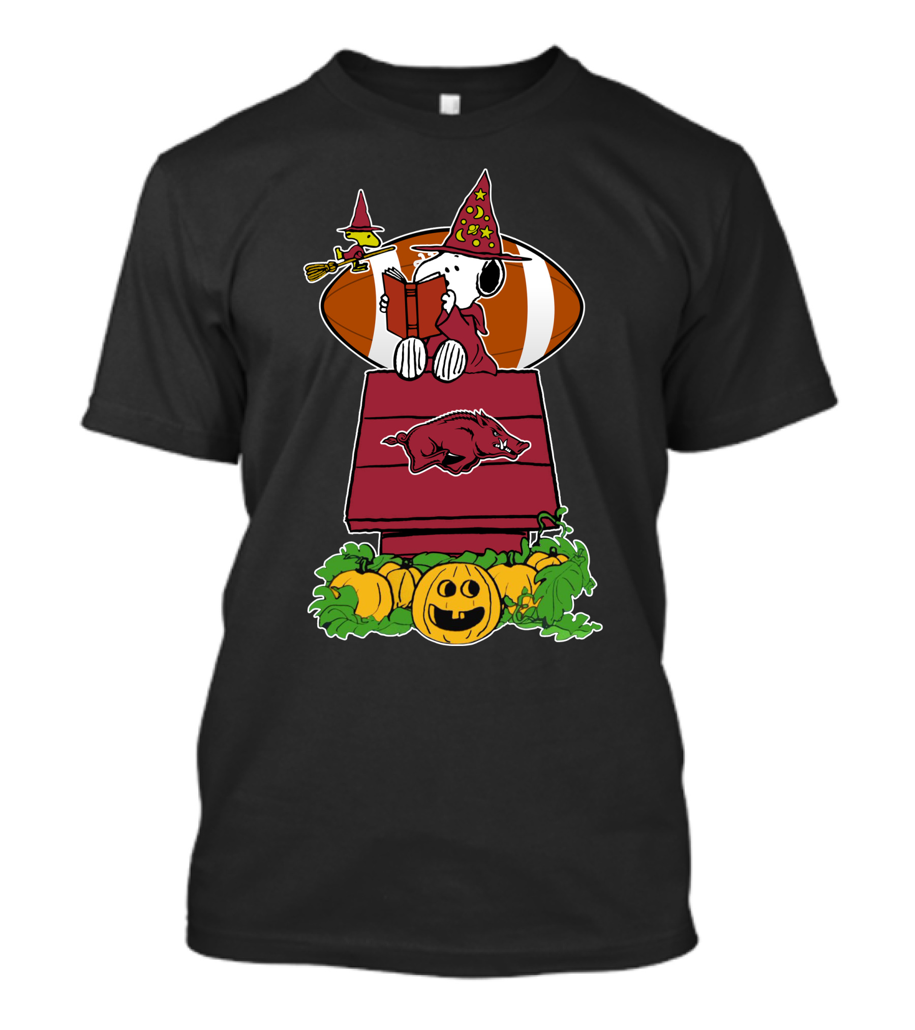 Arkansas Razorbacks Snoopy Halloween Woodstock Witch Pumpkin Football House T-Shirt