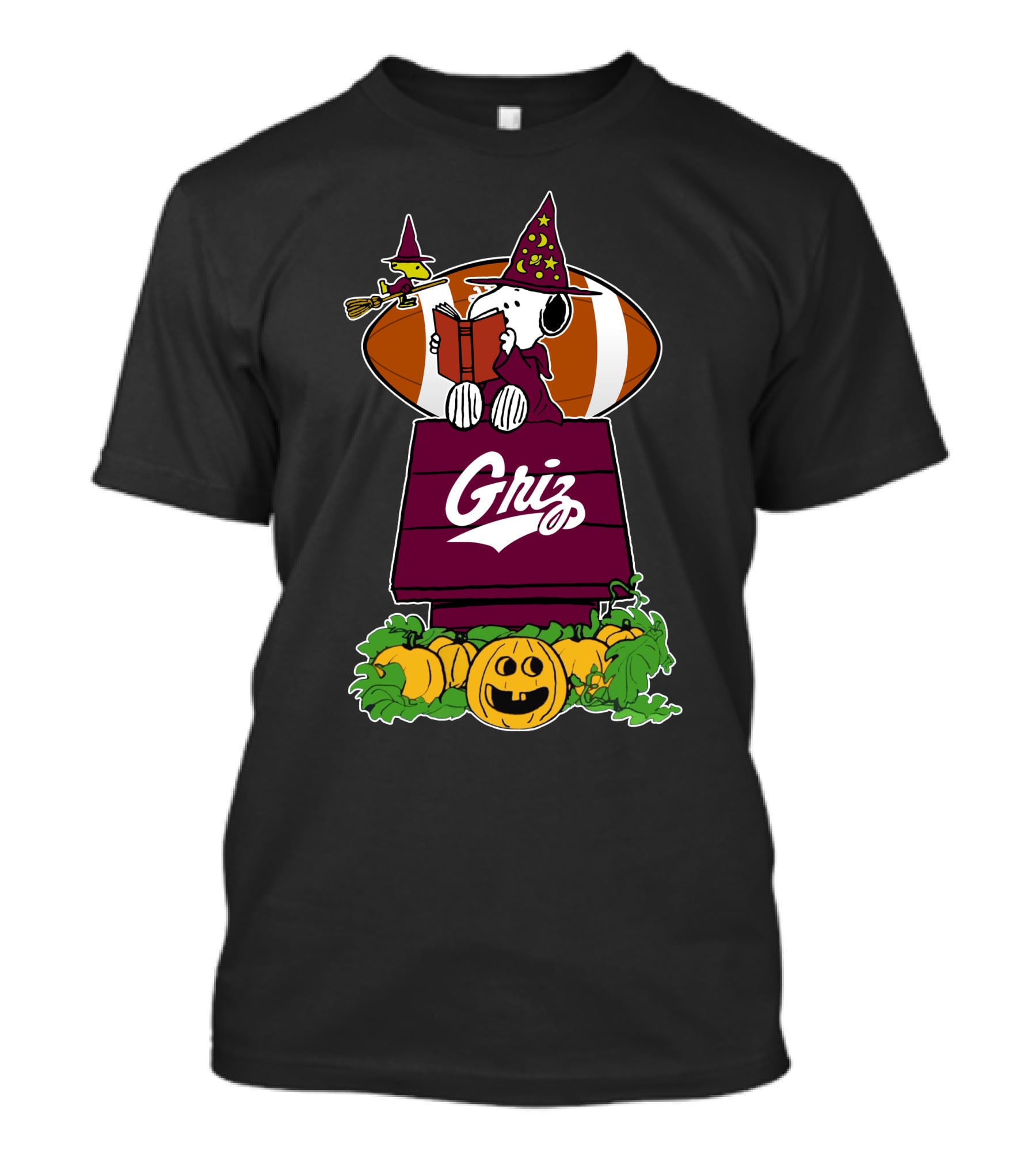 Montana Grizzlies Snoopy Halloween Witch And Pumpkin Football T-Shirt