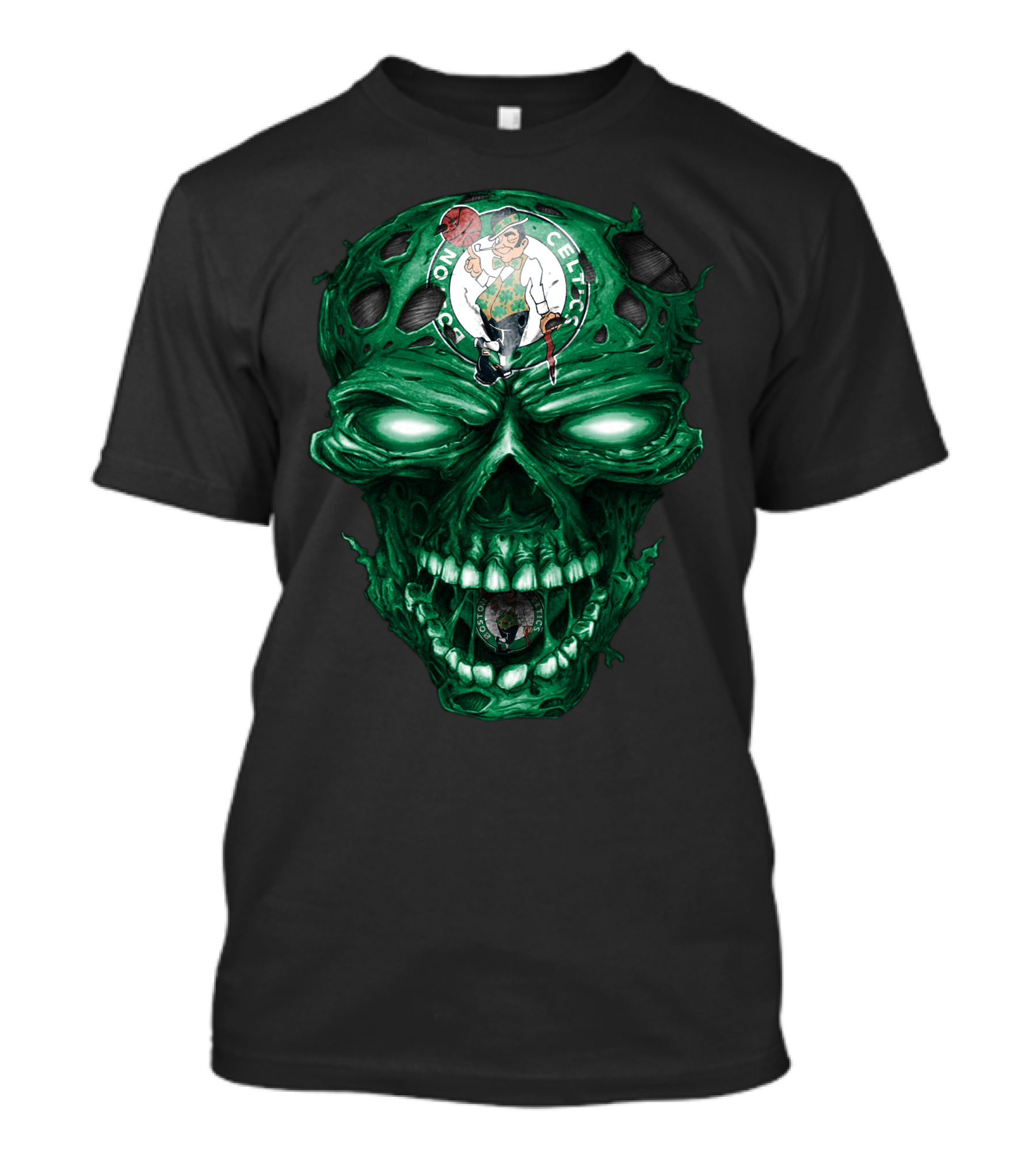 Boston Celtics Skull With Team Logo And Green Fire Eyes T-Shirt