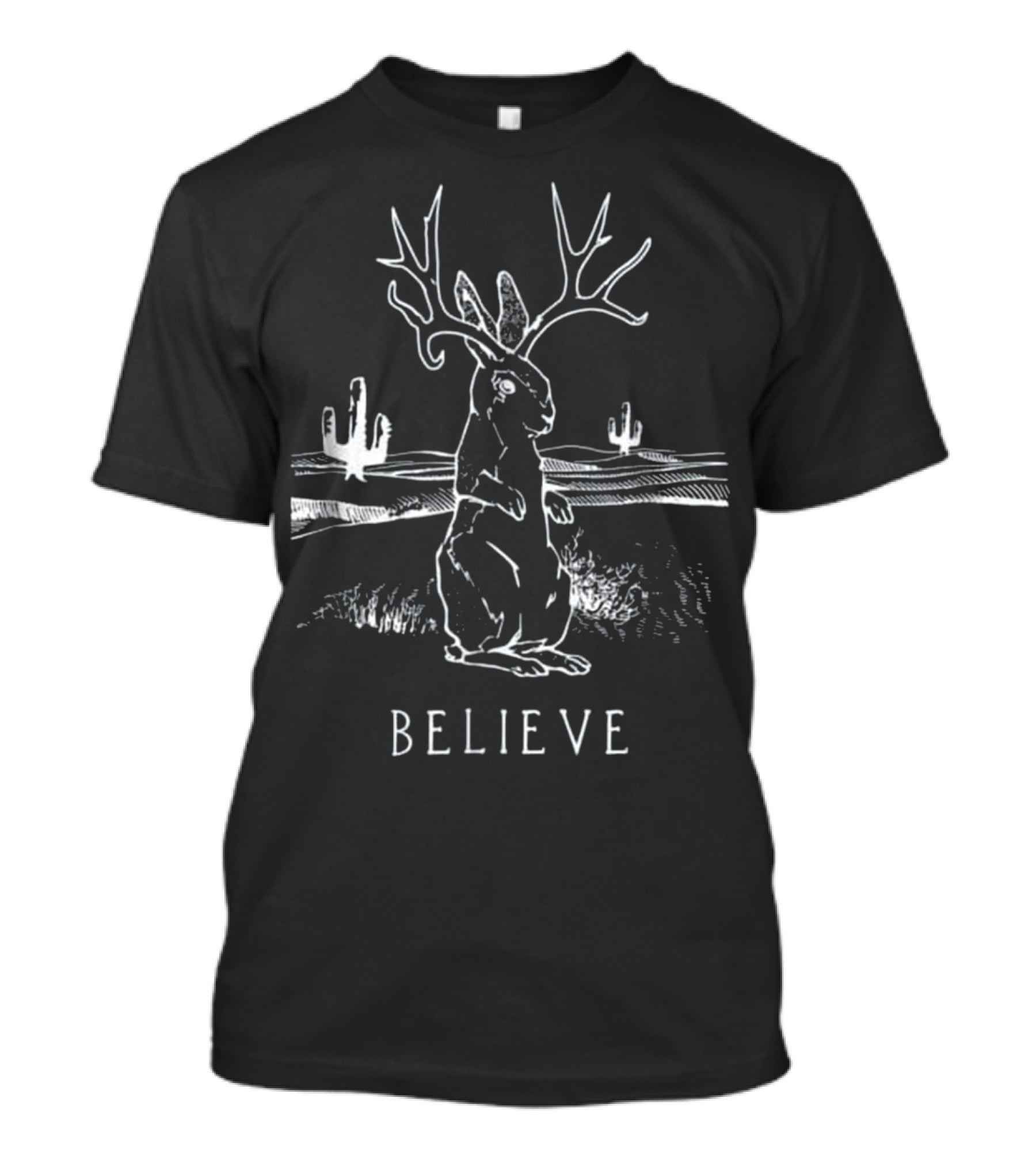 Believe Jackalope Cryptid Antlered Rabbit Desert Scene T-Shirt
