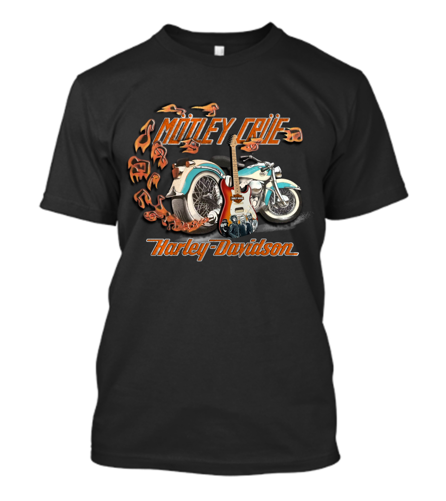 Motley Crue Harley Davidson Motorcycle With Electric Guitar And Flames T-Shirt