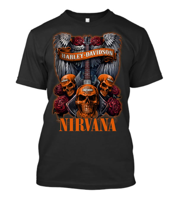 Nirvana Harley Davidson Skulls And Guitars With Wings And Roses T-Shirt