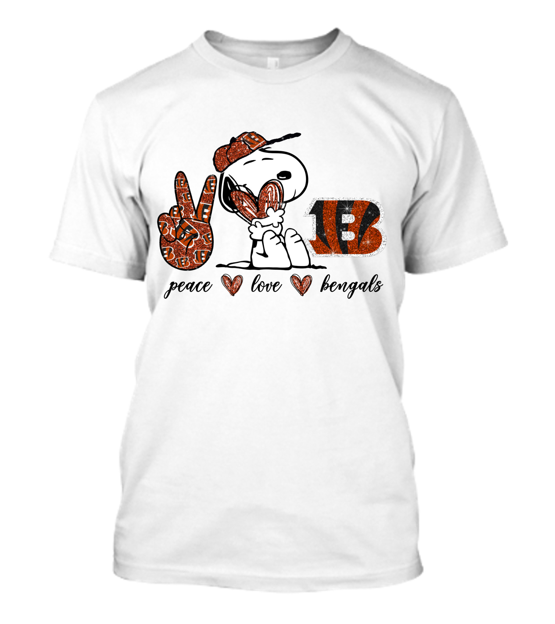 Peace Love Heart Bengals Snoopy Football Fan T-Shirt