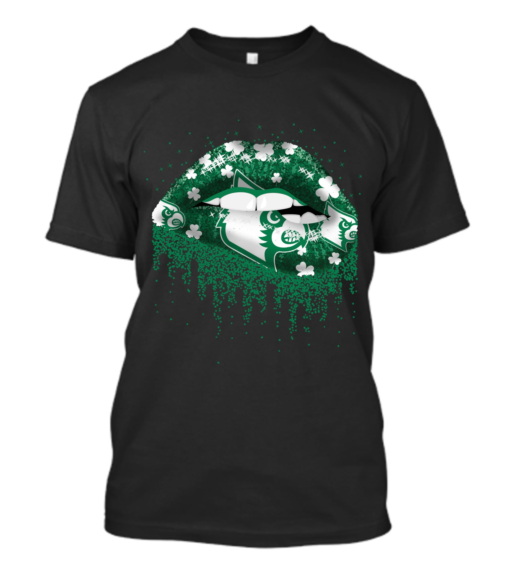 Shamrock Lips Featuring Green Wolf Head With Sparkling Clovers T-Shirt