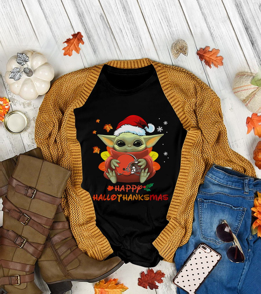 Cleveland Browns Baby Yoda Happy Hallothanksmas T-Shirt