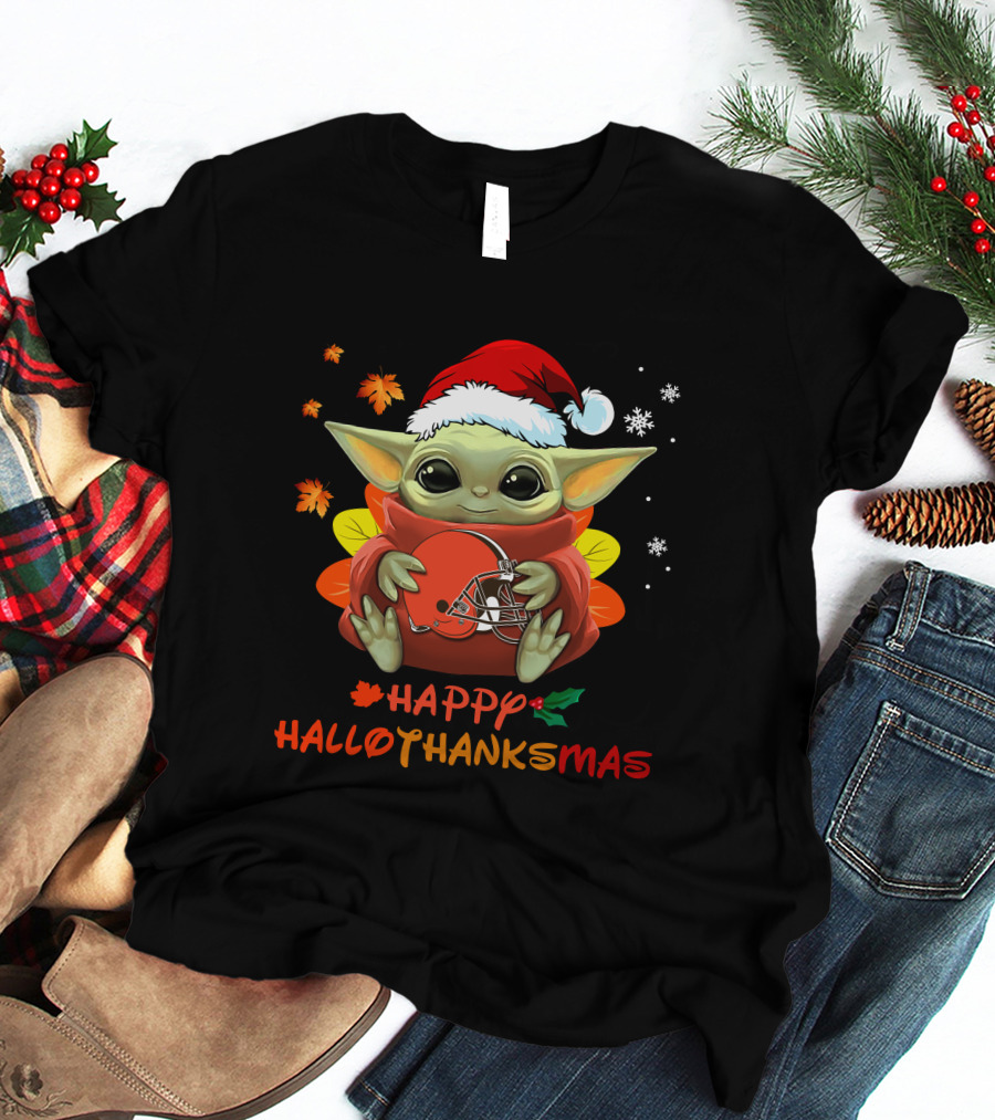 Cleveland Browns Baby Yoda Happy Hallothanksmas T-Shirt