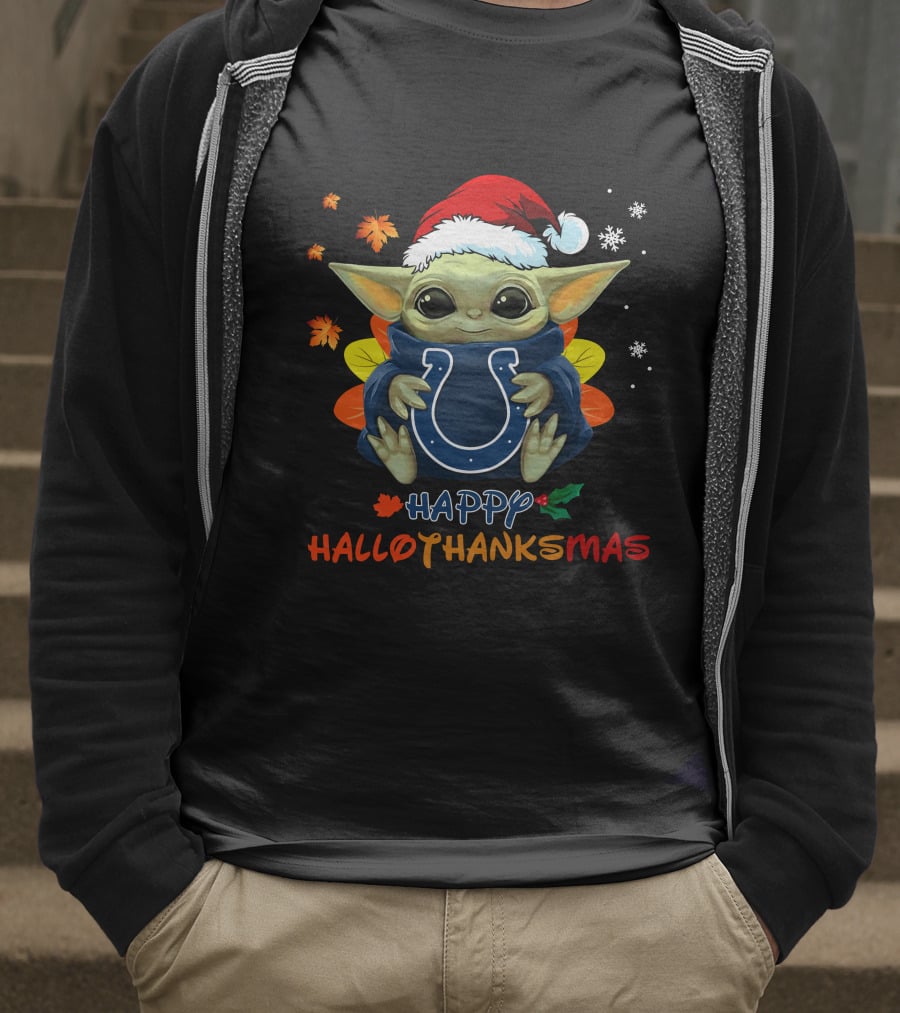 Happy Hallothanksmas Indianapolis Colts Baby Yoda Santa Hat T-Shirt