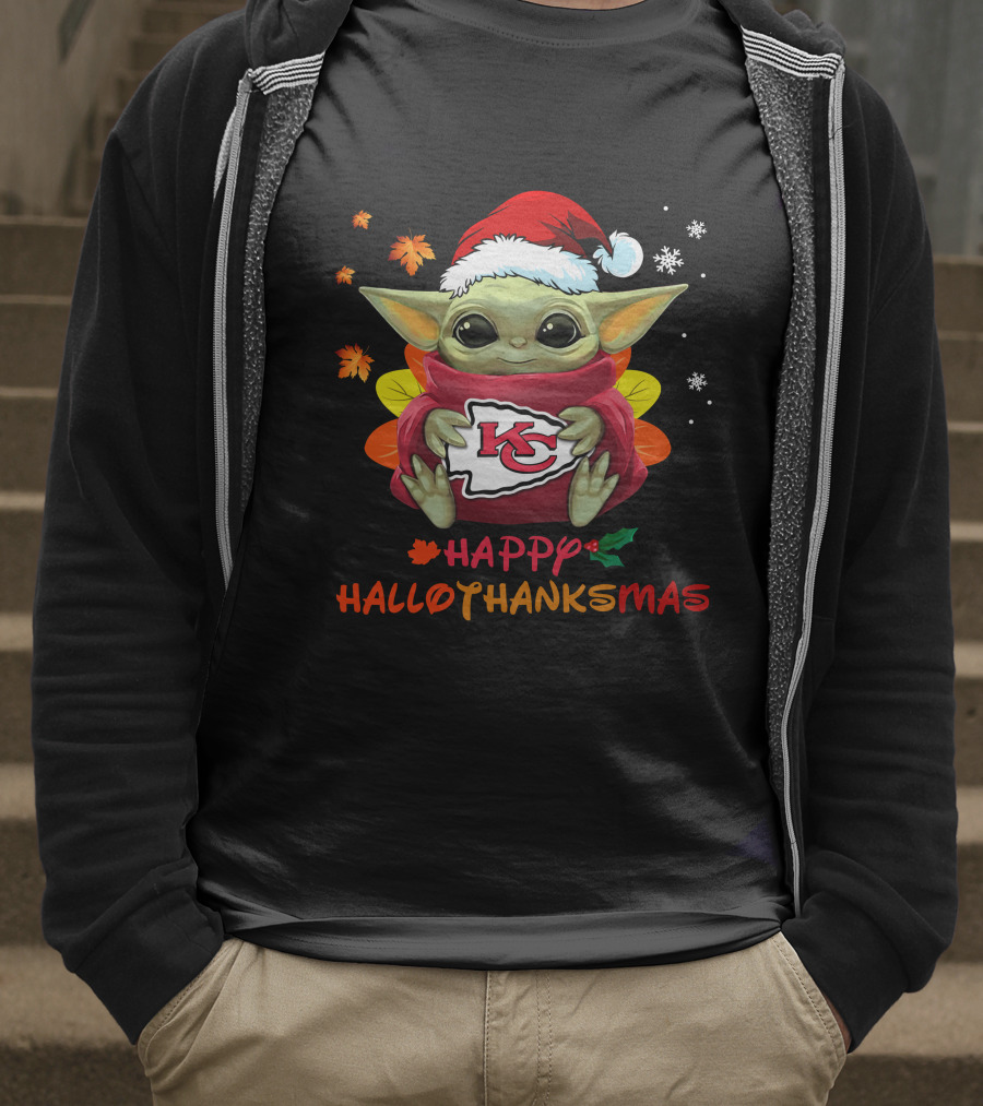Kansas City Chiefs Baby Yoda Happy Hallothanksmas T-Shirt