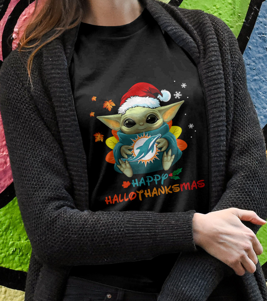 Happy Hallothanksmas Miami Dolphins Baby Yoda T-Shirt