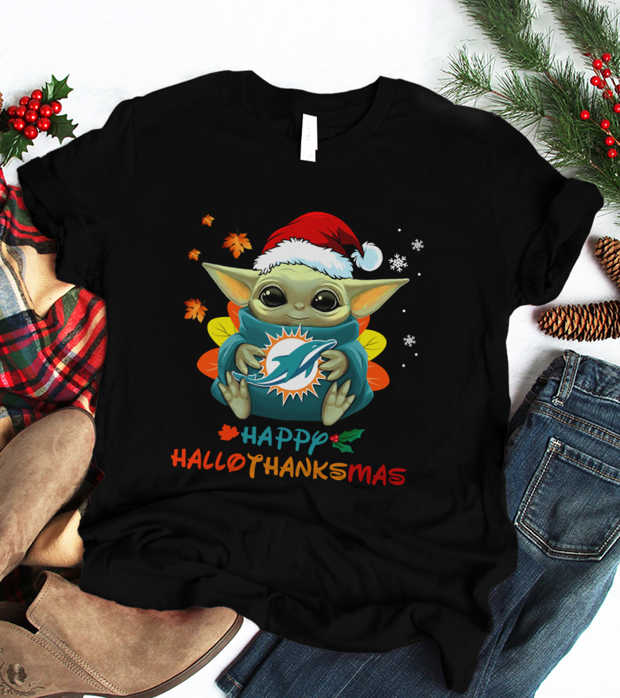 Happy Hallothanksmas Miami Dolphins Baby Yoda T-Shirt