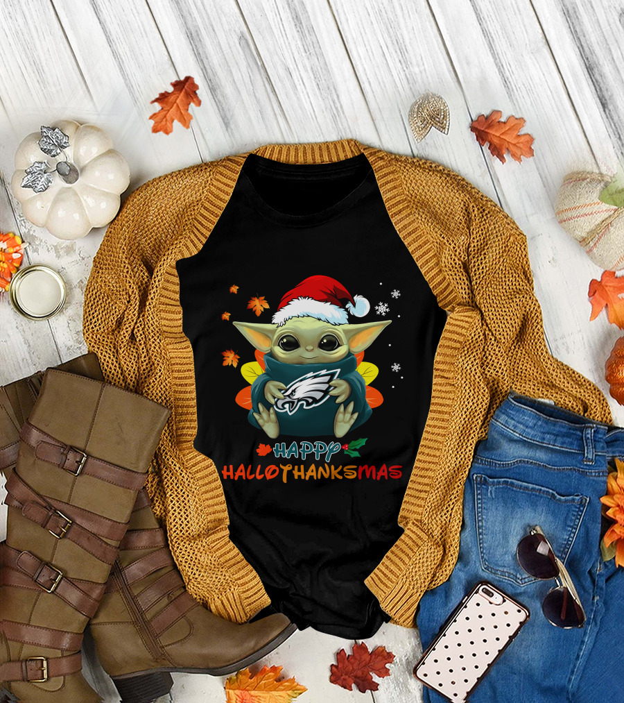 Happy Hallothanksmas Philadelphia Eagles Baby Yoda Santa Hat T-Shirt