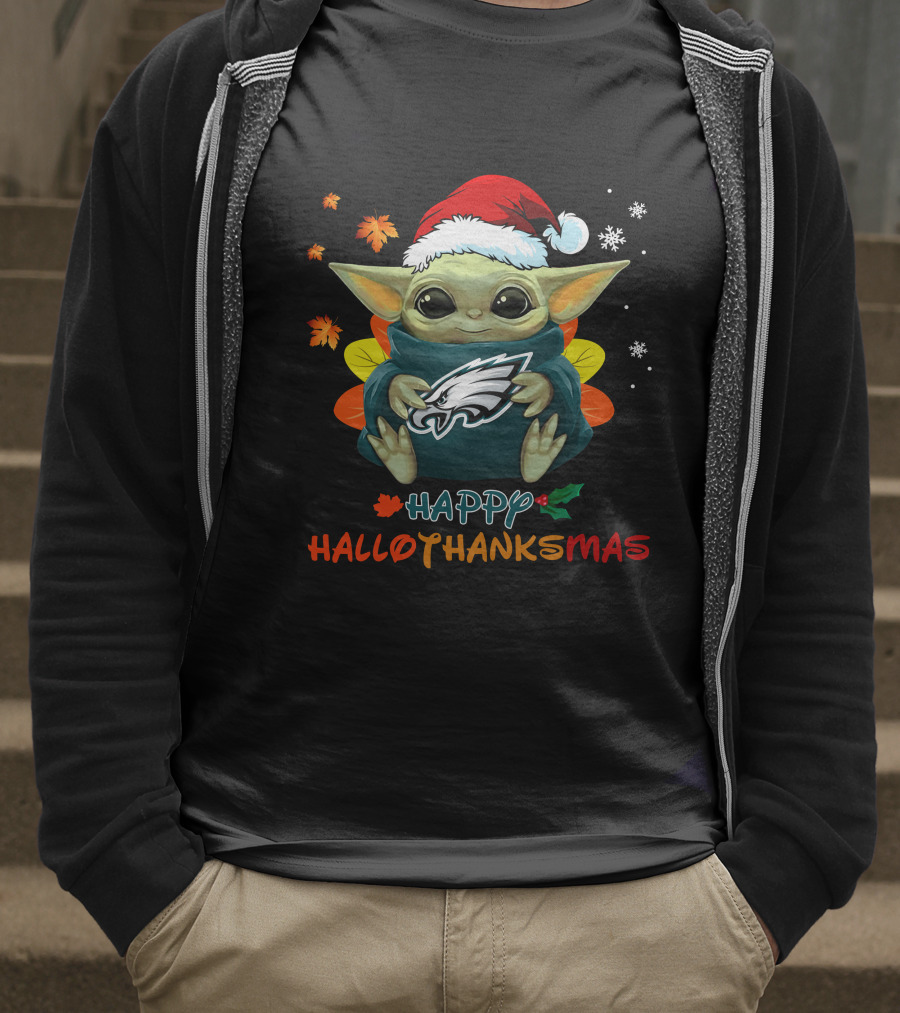 Happy Hallothanksmas Philadelphia Eagles Baby Yoda Santa Hat T-Shirt