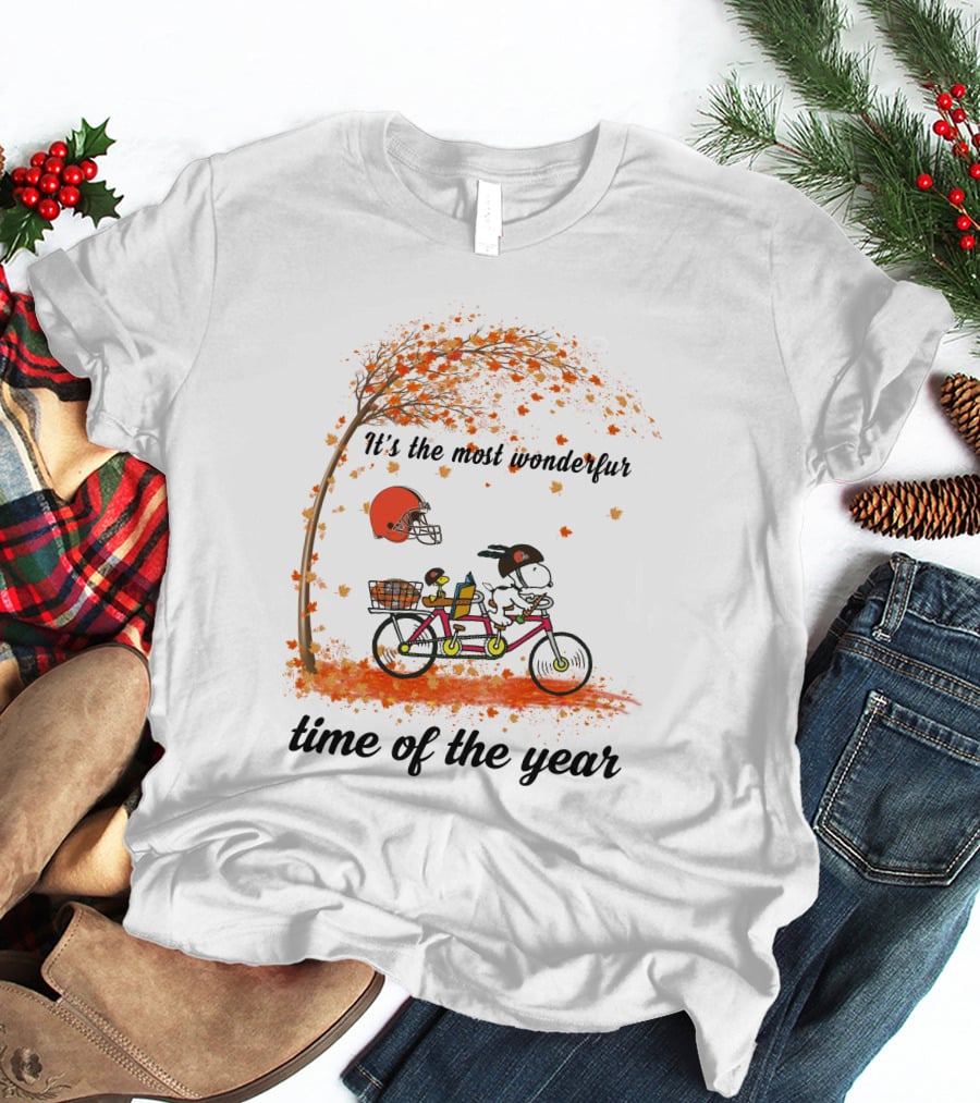 Cleveland Browns Baby Yoda Autumn Snoopy Tandem Bicycle It's The Most Wonderful Time Of The Year T-Shirt