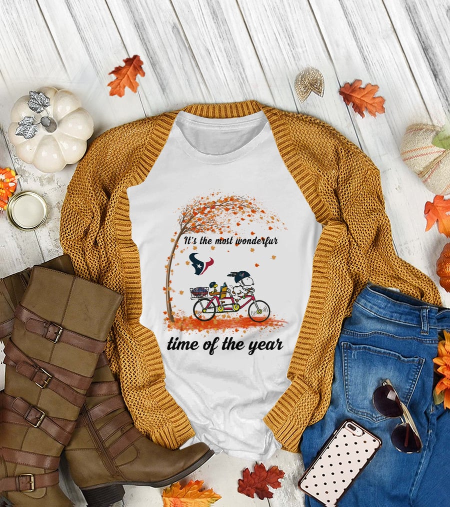 Houston Texans Snoopy Autumn Bicycle It's The Most Wonderful Time Of The Year T-Shirt