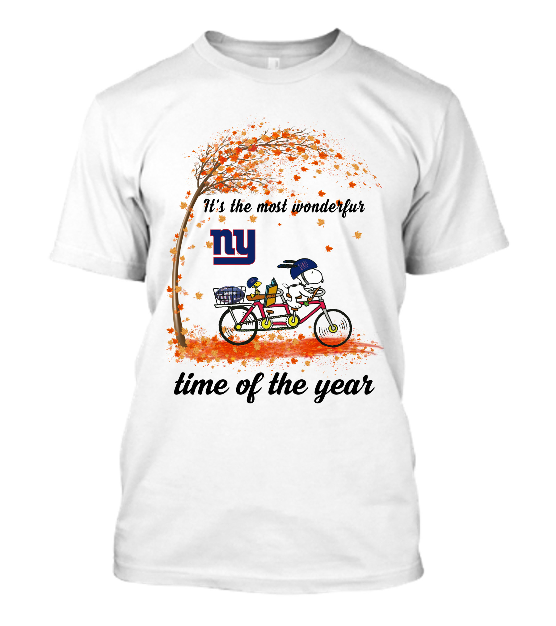 New York Giants Snoopy Autumn Bicycle It's The Most Wonderful Time Of The Year T-Shirt
