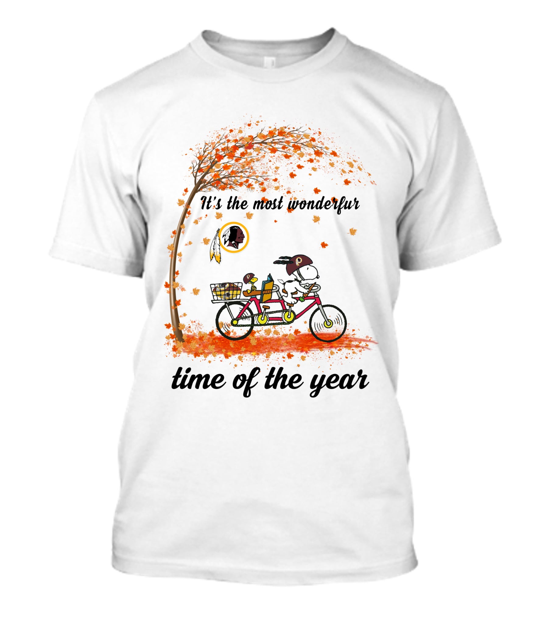 It's The Most Wonderful Time Of The Year Washington Redskins Autumn Leaves Bicycle Snoopy Woodstock T-Shirt