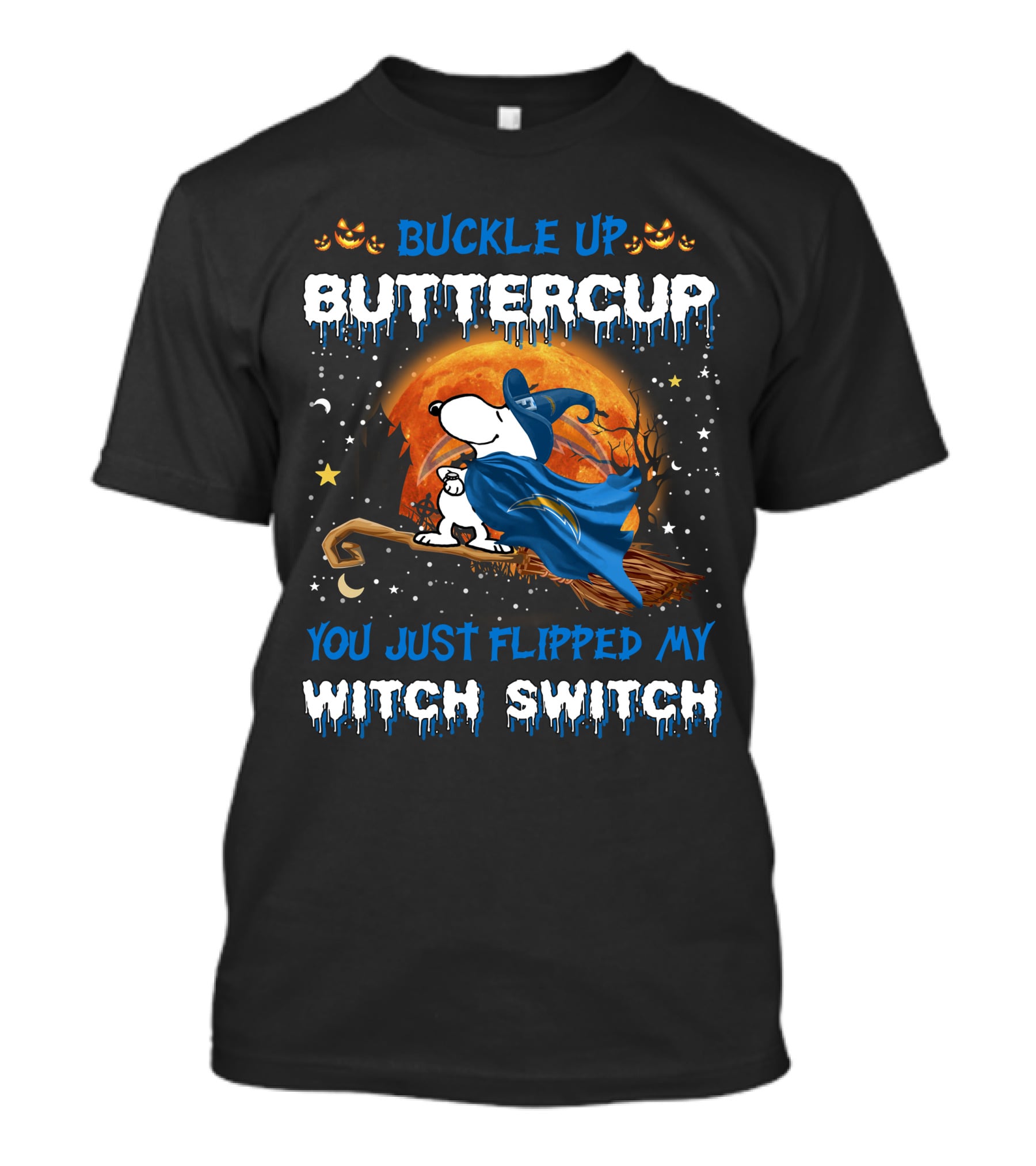 Buckle Up Buttercup You Just Flipped My Witch Switch Snoopy Los Angeles Chargers Halloween T-Shirt