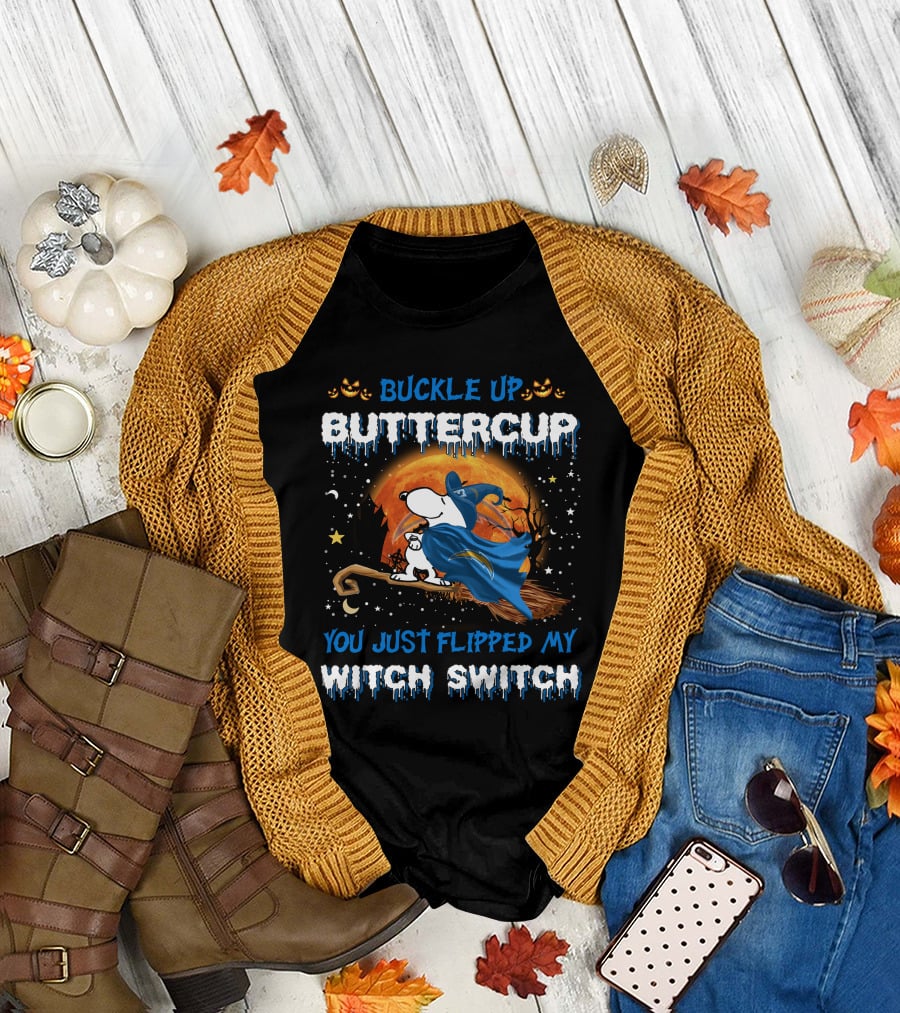 Buckle Up Buttercup You Just Flipped My Witch Switch Snoopy Los Angeles Chargers Halloween T-Shirt