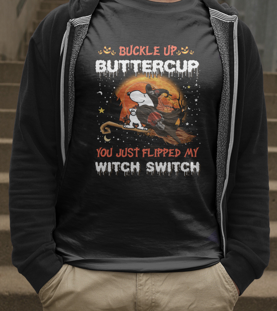 Cleveland Browns Snoopy Buckle Up Buttercup You Just Flipped My Witch Switch Halloween 508 T6MTH T-Shirt