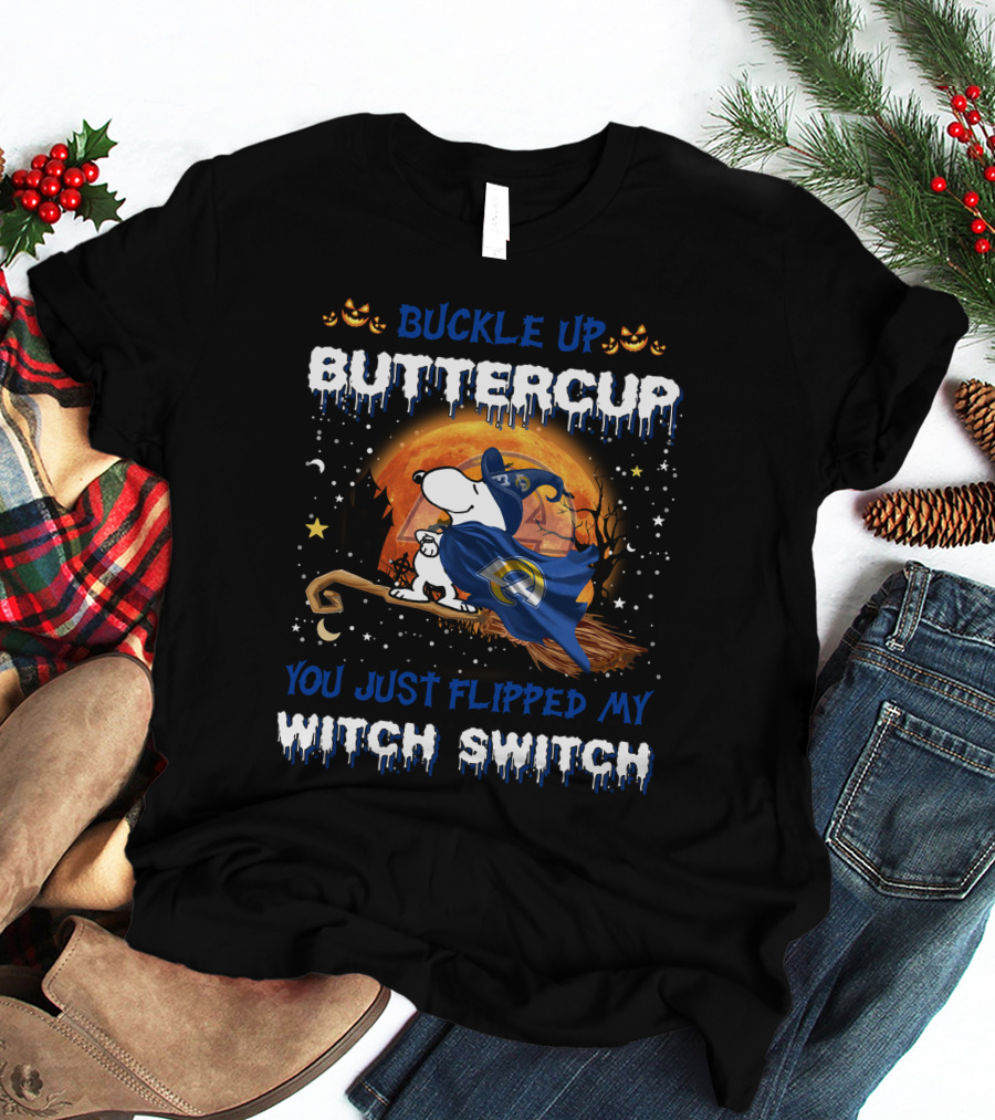 Buckle Up Buttercup Los Angeles Rams Snoopy Witch Switch Halloween T-Shirt