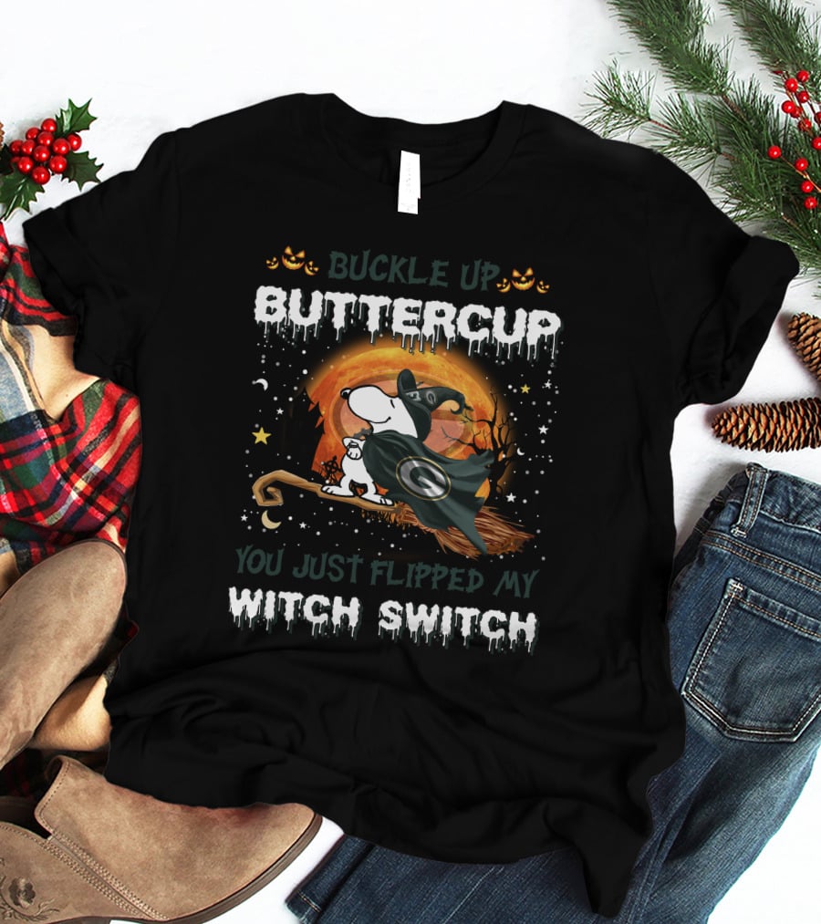 Buckle Up Buttercup Green Bay Packers Snoopy Witch Switch T-Shirt