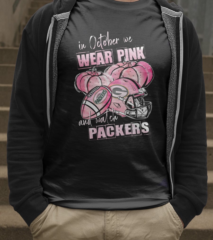 In October We Wear Pink Pumpkins And Watch Packers Football Helmet T-Shirt