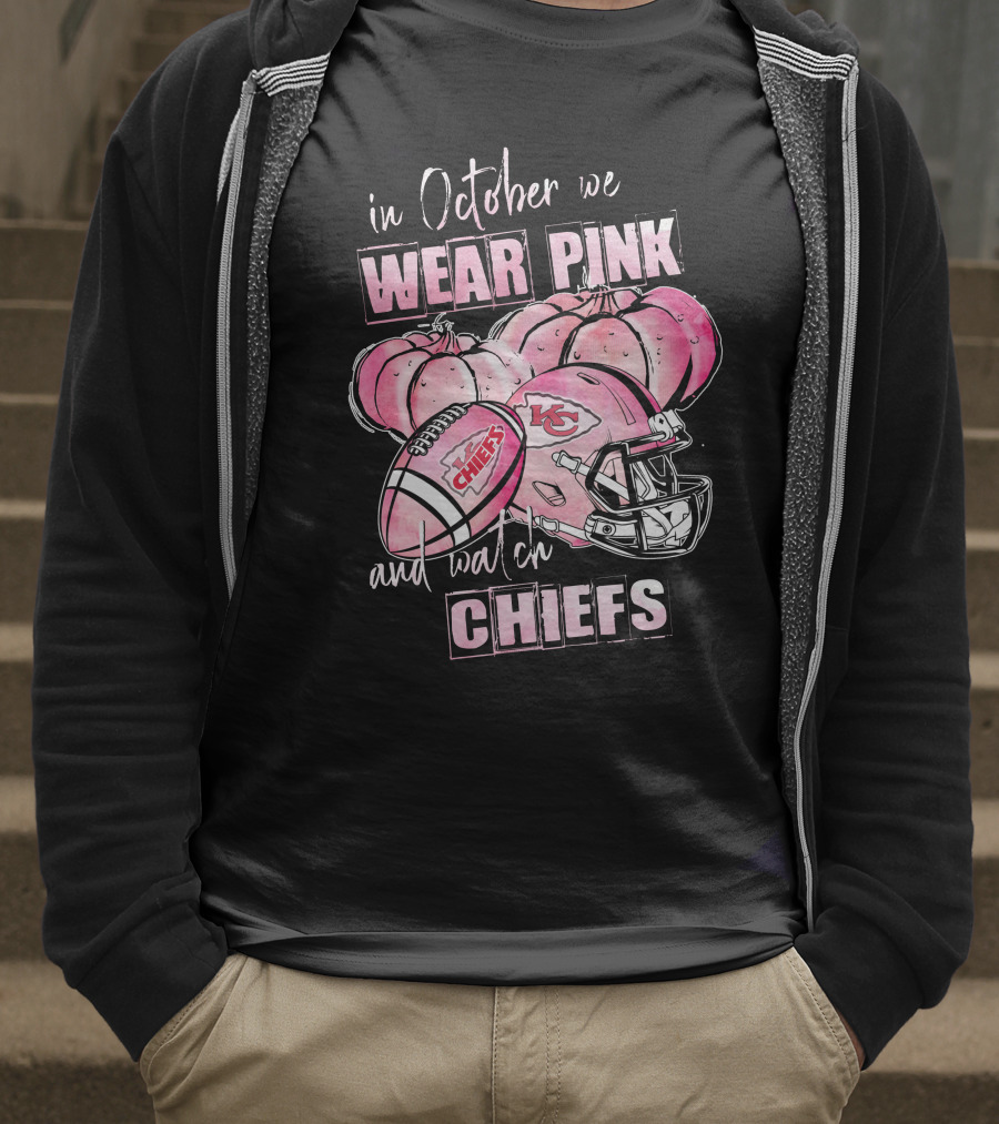 Kansas City Chiefs In October We Wear Pink And Watch Chiefs Football Helmet Pumpkins T-Shirt