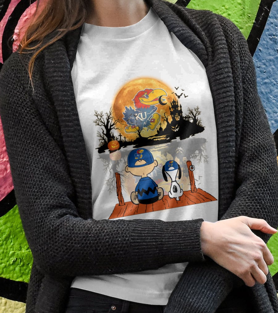 Kansas Jayhawks Halloween KU  Peanuts Moon Charlie Brown Snoopy Pumpkin T-Shirt