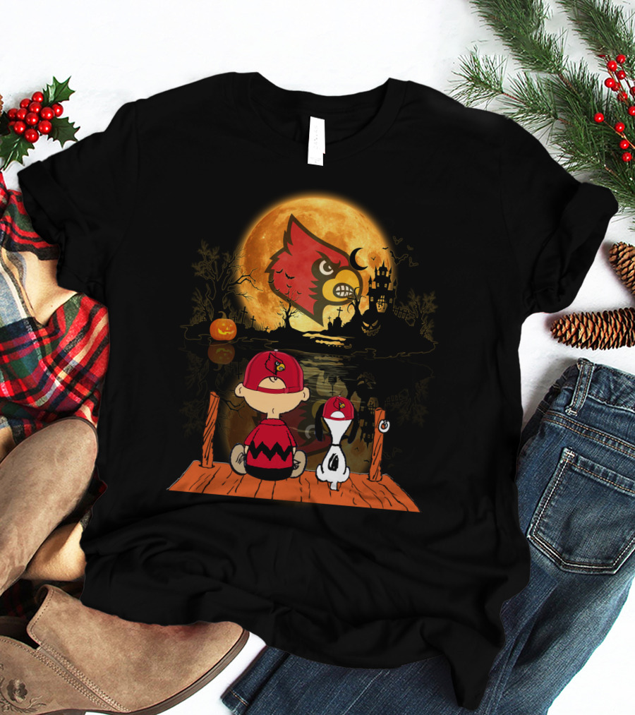 Louisville Cardinals Halloween Moon Scene With Characters And Haunted House T-Shirt