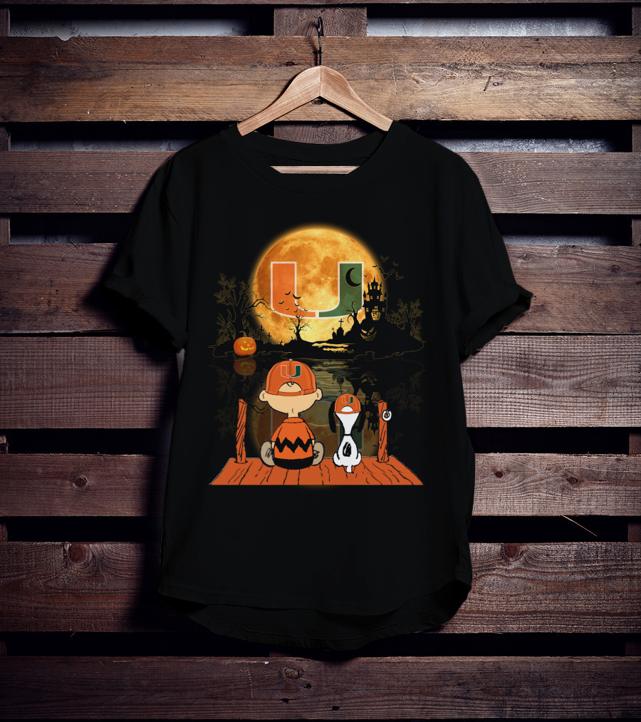 Miami Hurricanes Halloween Full Moon U Logo Charlie And Snoopy Scene T-Shirt