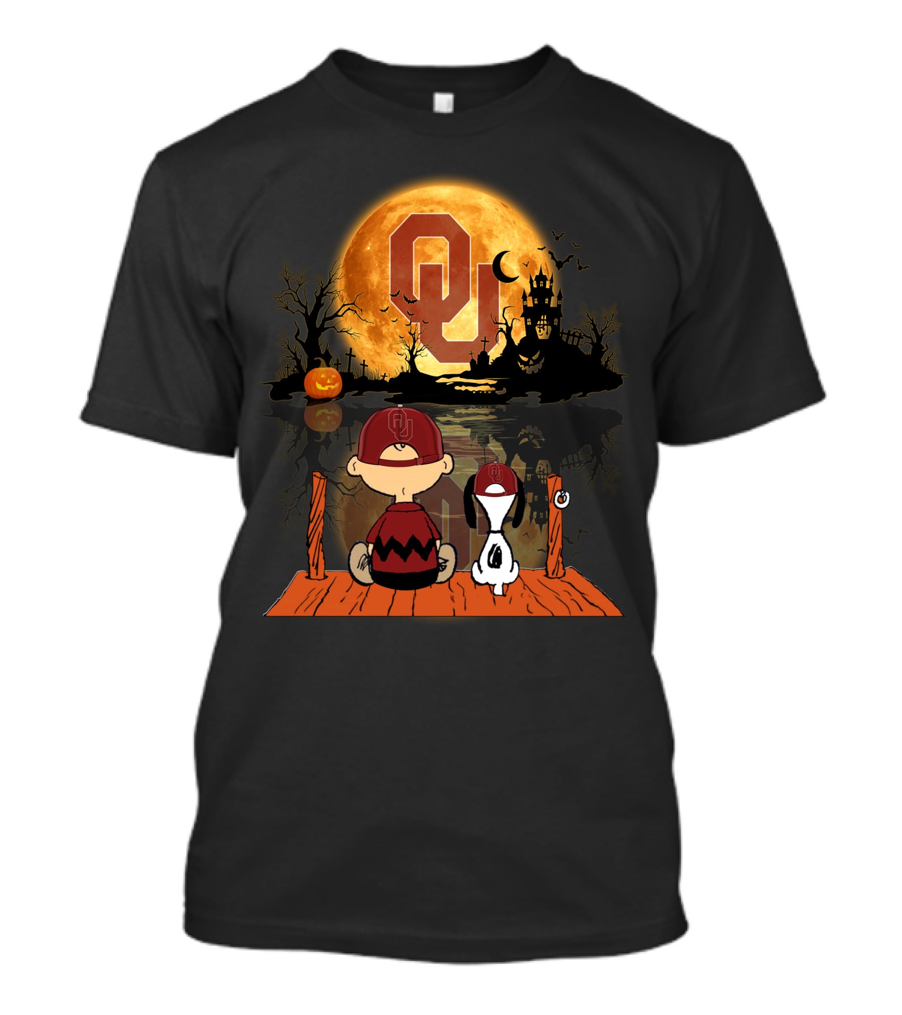 Oklahoma Sooners Halloween Moon Charlie Brown And SnoopyOU Haunted House T-Shirt
