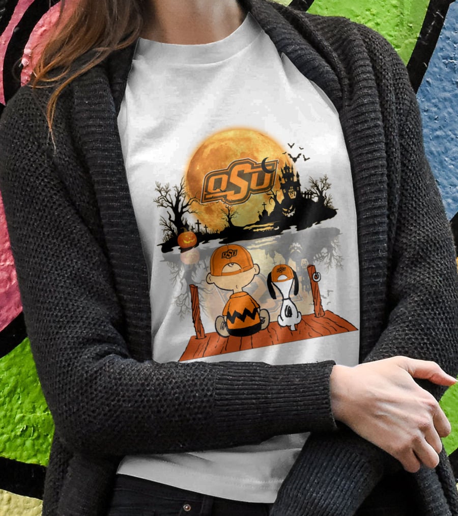 Oklahoma State Cowboys Halloween OSU Moon Charlie And Snoopy T-Shirt