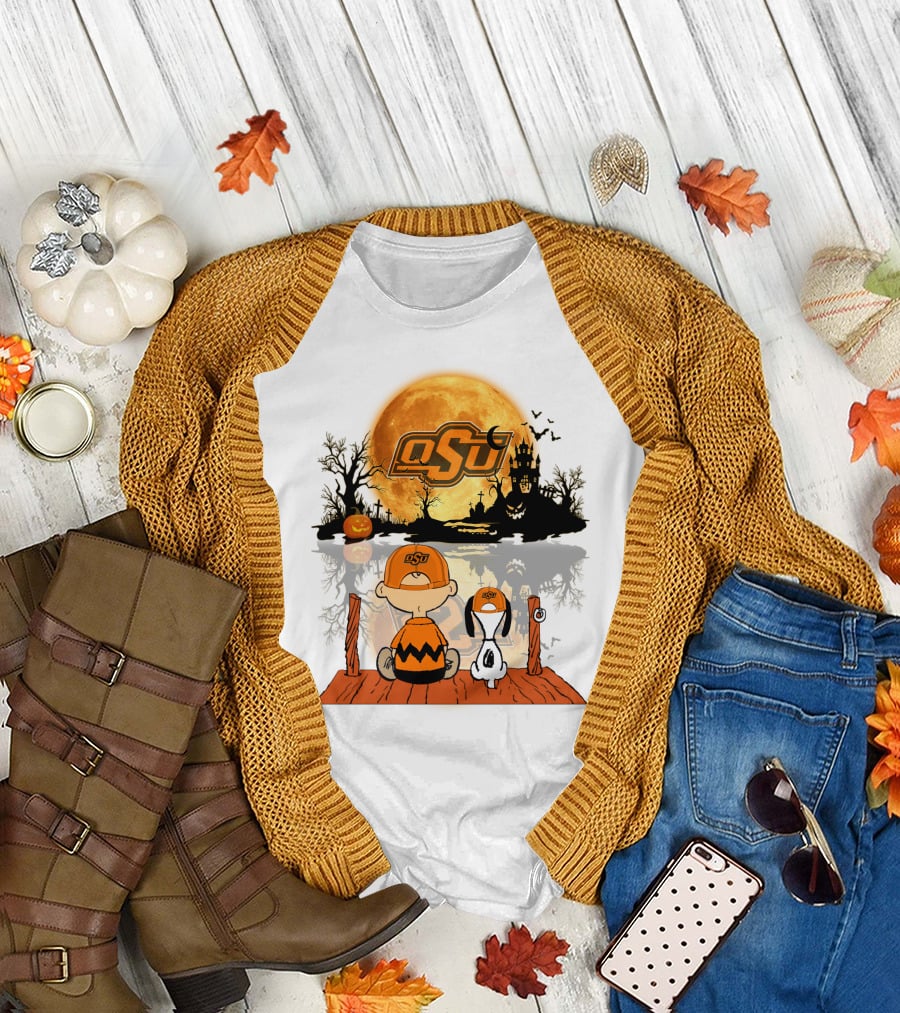 Oklahoma State Cowboys Halloween OSU Moon Charlie And Snoopy T-Shirt