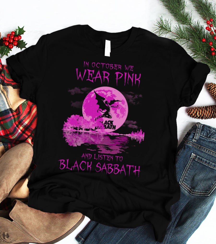 In October We Wear Pink With Black Sabbath Bat Silhouette And Pink Moon Reflection T-Shirt