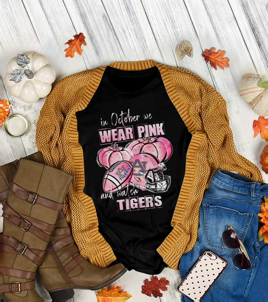 Auburn Tigers Pink October Football Helmets Pumpkins T-Shirt