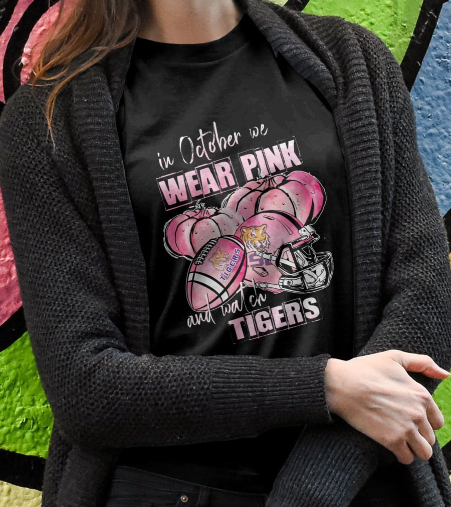 Wear Pink In October Lsu Tigers Football Helmet Pink Pumpkins And Ball T-Shirt